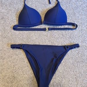 Shein Dark Dusty Blue Bikini Swimsuit Padded Top Low Rise Bottoms Size Small